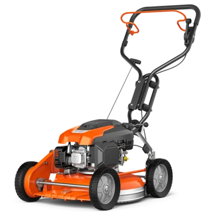 Seitenansicht eines Husqvarna Rasenmähers mit verstellbarem Griff.