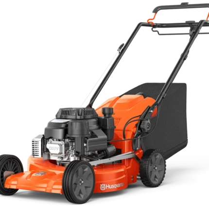 Seitenansicht eines Husqvarna Rasenmähers mit Grasfangsack.