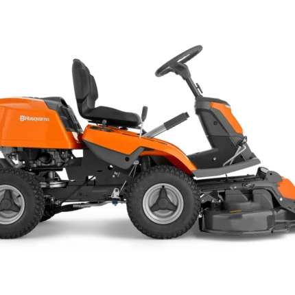 Seitenansicht eines Rider-Rasenmähers mit Mähdeck.