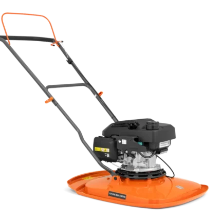 Seitenansicht eines Luftkissenmähers mit langem Griff und flach montiertem Motor.