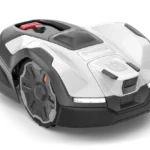 Front view of a robotic lawn mower with a visible control panel.