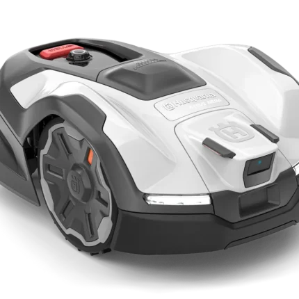 Front view of a robotic lawn mower with a visible control panel.