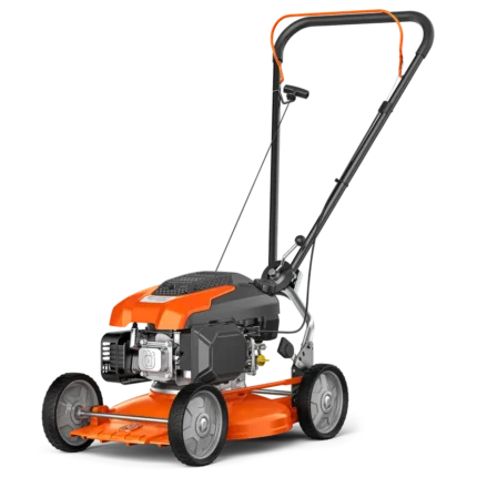 Seitenansicht eines handgeführten Rasenmähers mit sichtbarem Motor und Mähdeck.