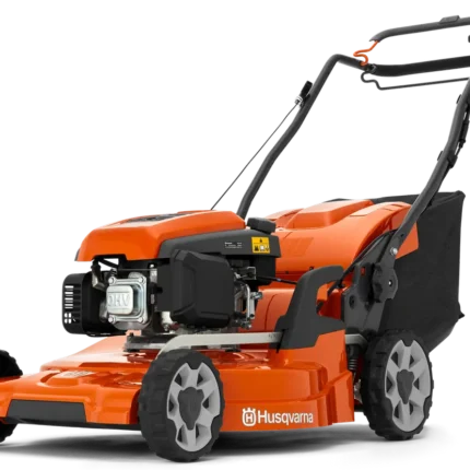 Seitenansicht eines Husqvarna Rasenmähers mit Motor und Mähdeck.