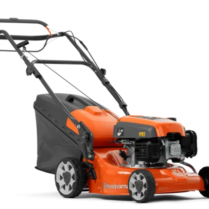 Seitenansicht eines Husqvarna Rasenmähers mit Grasfangsack.