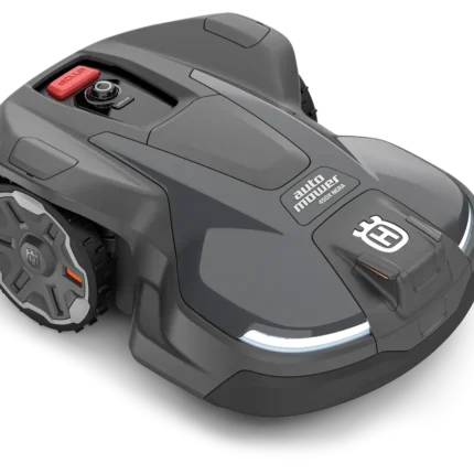 Draufsicht eines Husqvarna Automower®-Mähroboters mit schlankem Design und Bedienfeld.