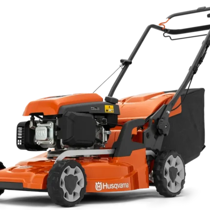 Seitenansicht eines Husqvarna Rasenmähers mit Grasfangsack.
