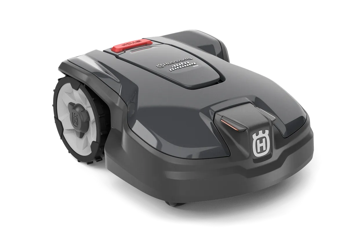 pf-943017.webp Seitenansicht eines Husqvarna Automower®® 305 Mähroboters auf weißem Hintergrund.