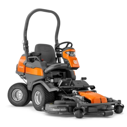 Rückansicht eines kommerziellen Husqvarna Frontmähers mit Mähdeck.