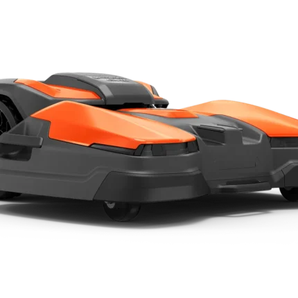 Side view of a robotic lawn mower with a sleek design.