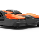 Side view of a robotic lawn mower with a sleek design.