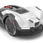 Front view of a robotic lawn mower with visible control panel.