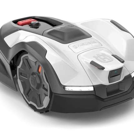 Front view of a robotic lawn mower with visible control panel.
