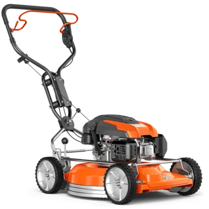 Seitenansicht eines Husqvarna Rasenmähers mit robustem Rahmen und verstellbarem Griff.