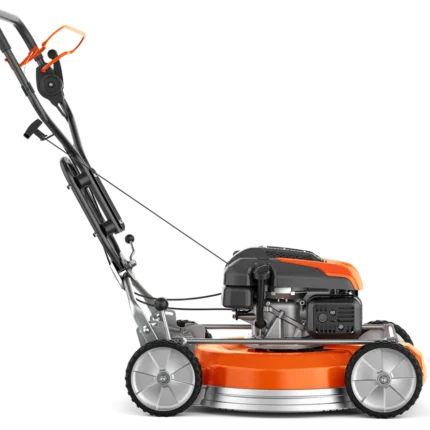 Seitenansicht eines handgeführten Rasenmähers mit verstellbarem Griff.
