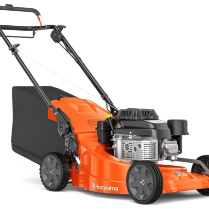 Seitenansicht eines Husqvarna Rasenmähers mit Grasfangsack.