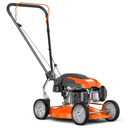 Seitenansicht eines Rasenmähers mit robustem Motor und verstellbarem Griff.
