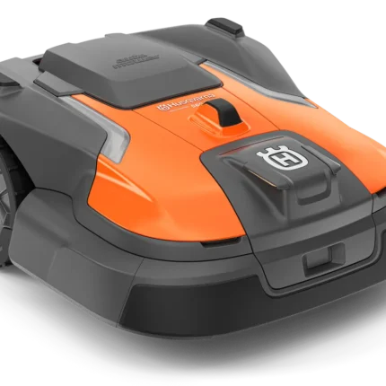 Front view of a robotic lawn mower designed for efficient garden maintenance.