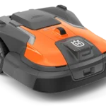 Front view of a robotic lawn mower with visible wheels and control panel.